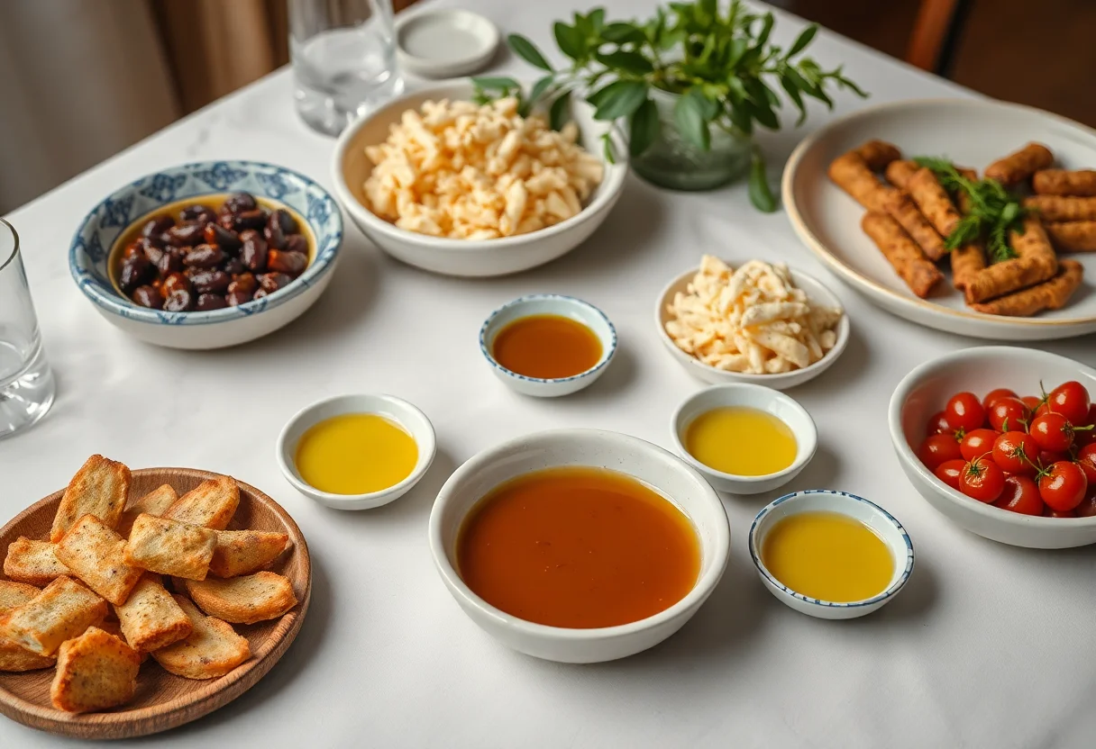 A beautifully arranged table with Aegean style mezes and olive oil dishes.