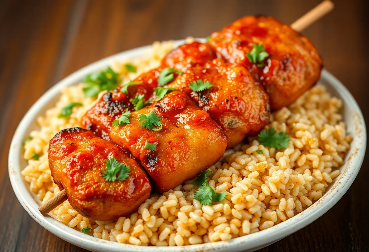 A close-up of a spicy Turkish kebab with bulgur pilaf.