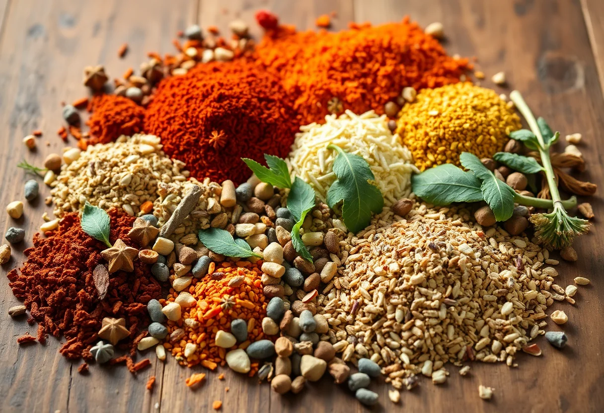 A collection of colorful Turkish spices and dried herbs on a rustic wooden surface.