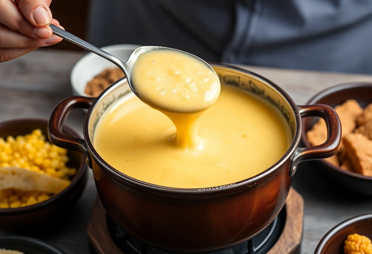 A delicious looking pot of Turkish muhlama (cornmeal fondue) being stretched with a spoon.