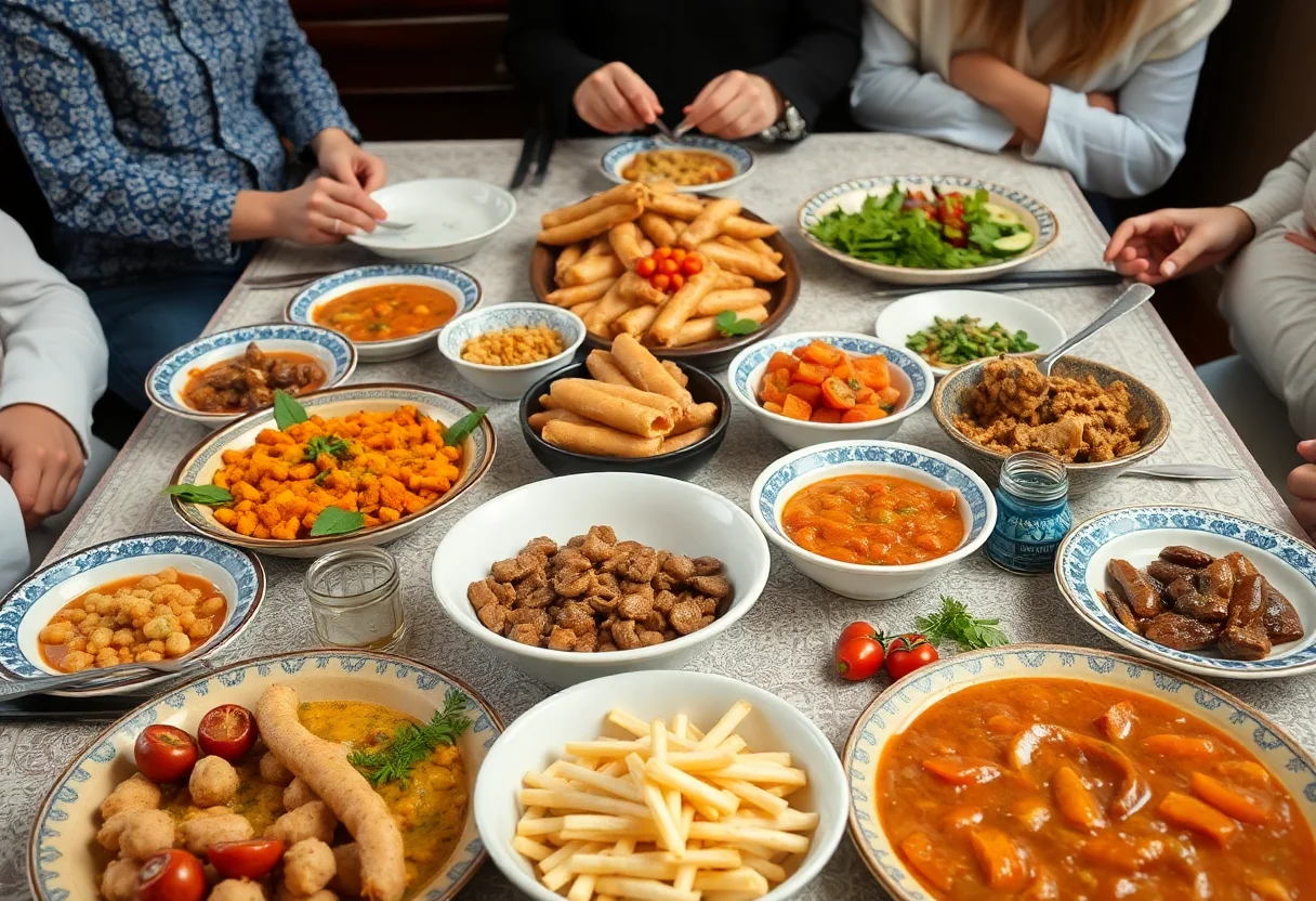 A traditional Turkish family dinner table laden with various dishes.
