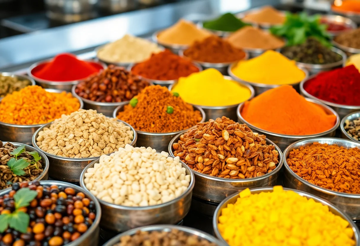 A vibrant display of various colorful spices in bowls.