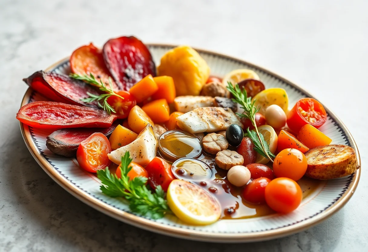 A vibrant plate of Aegean mezes with olive oil.