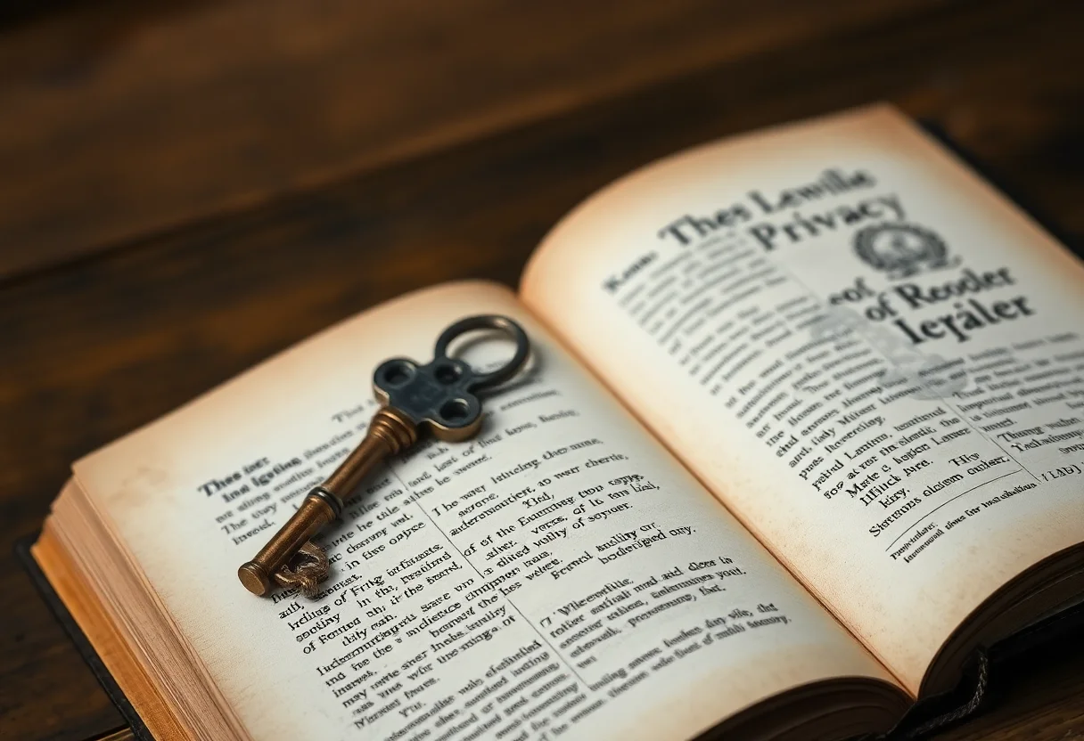 A vintage key on an old open book, symbolizing privacy and knowledge