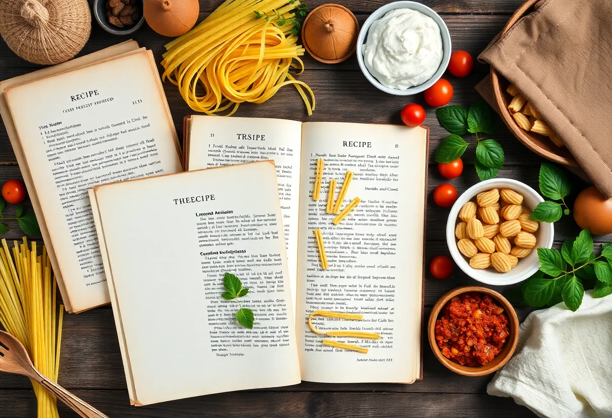 An artfully arranged flat lay of old recipe books, fresh pasta, and various cooking ingredients.
