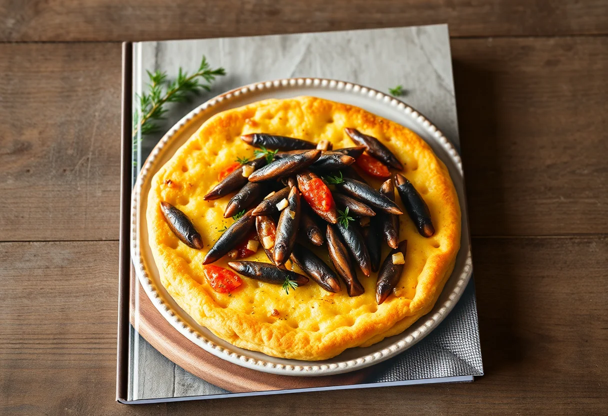Book cover displaying a traditional Black Sea dish of anchovies and corn bread.