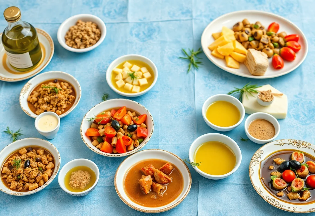 Book cover showing a vibrant table of Aegean mezes and olive oil dishes.
