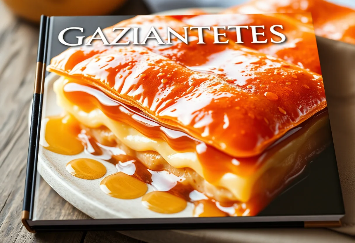 Book cover with a close-up of Gaziantep baklava, glistening with syrup.