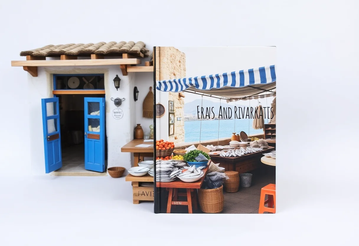 Book cover with a rustic scene of a coastal Aegean village fish market.