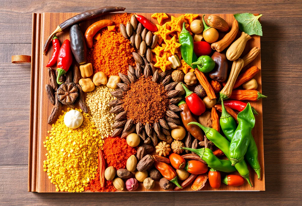 Book cover with a vibrant display of various spices and dried peppers from the Southeast region.