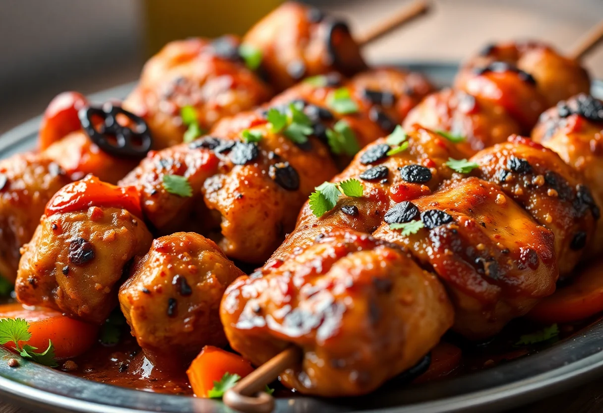 Close-up of a delicious looking Turkish kebab on a platter.