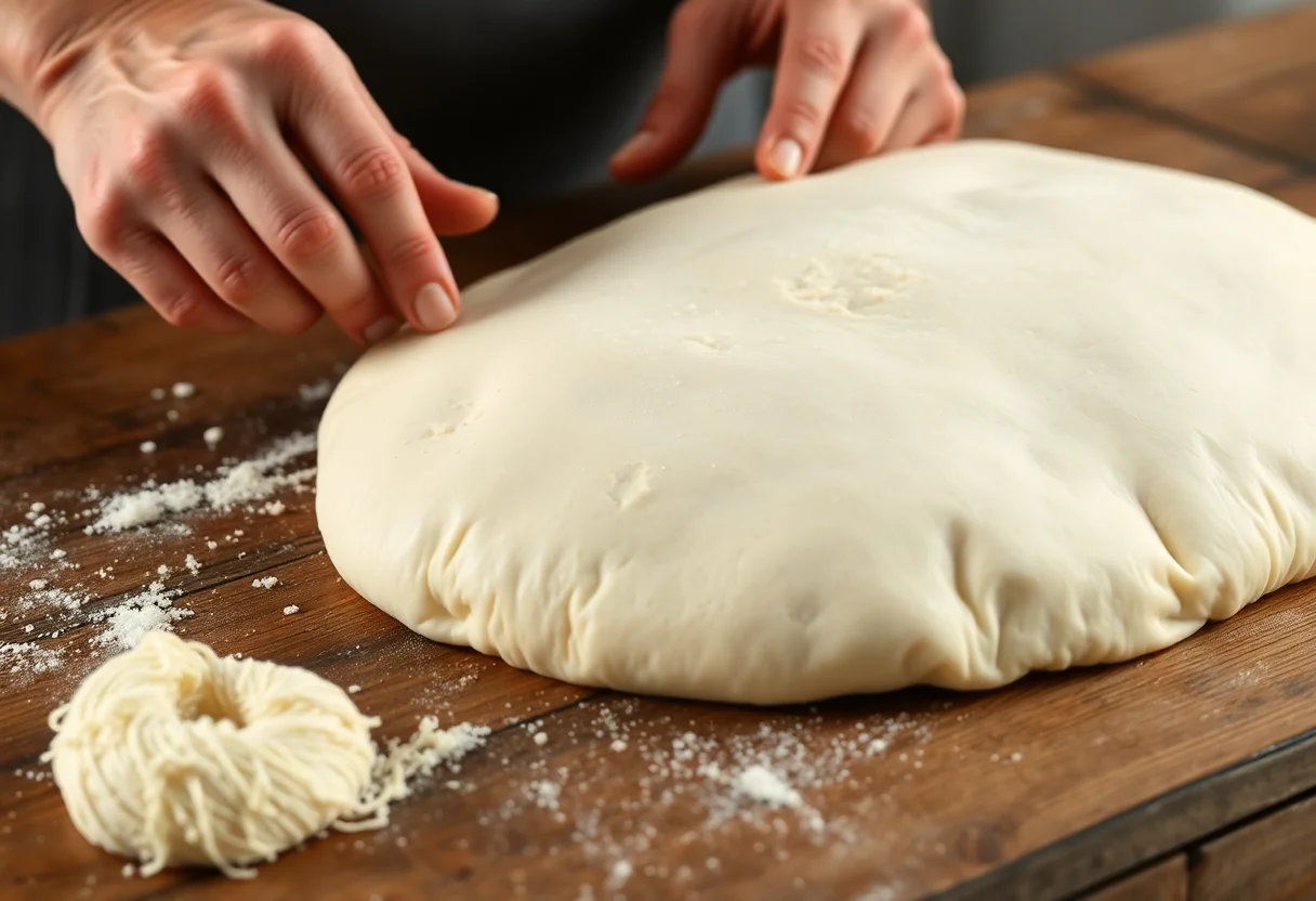 Hands preparing traditional Turkish dough on a wooden table