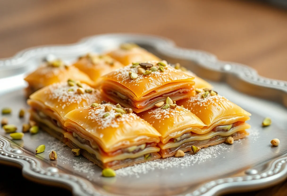 Traditional Turkish baklava dessert with pistachios on a tray.